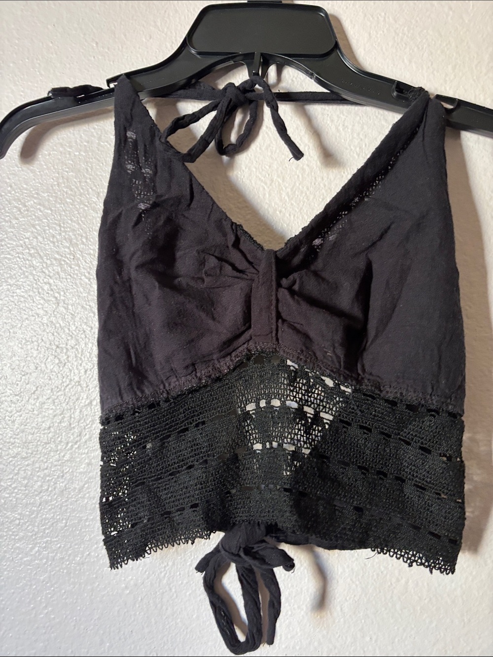 Woman’s Black Backless Lace-Trim Halter Top, Halter and Back Tie